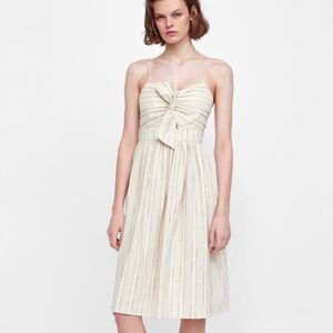 ZARA sundress striped cotton linen neutral date dress summer vacation sz XS NWT